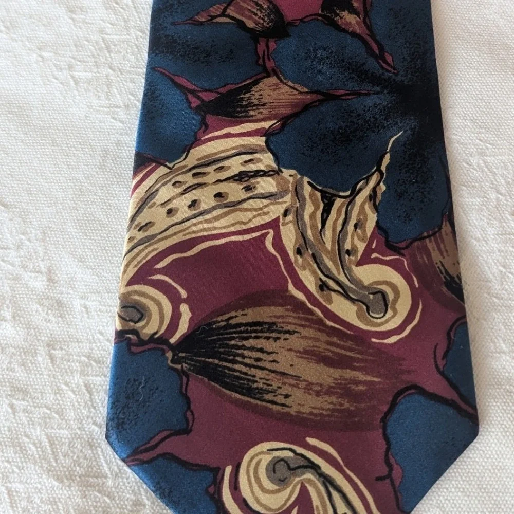Vtg 90s Oscar de la Renta Mens Necktie Burgundy Blue Abstract Silk Designer‎ USA